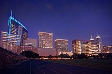 The Texas Medical Center, a cluster of contemporary skyscrapers, at night