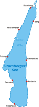 A Starnbergi-tó térképe és a környező települések fekvése