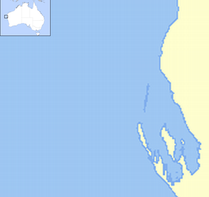 Map of the Shark Bay region of Western Australia. There are seven red dots, indicating the locations where lifeboats were recovered or made landfall. A cyan dot marking the location of Carnarvon and a steel dot marking the claimed battle site are included for reference
