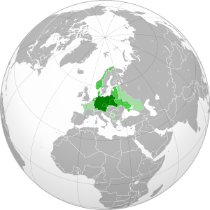 Владения Германии по состоянию на 1942 год:  Германия[1] и Генерал-губернаторство  Рейхскомиссариаты и формально независимая Дания  Военные администрации