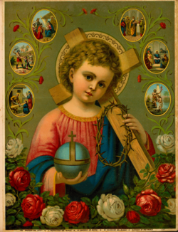 Chromolithograph of Jesus as a child, holding an orb and a crown of thorns