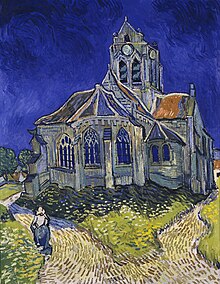 Vincent van Gogh painting The Church at Auvers from 1890 gray church against blue sky
