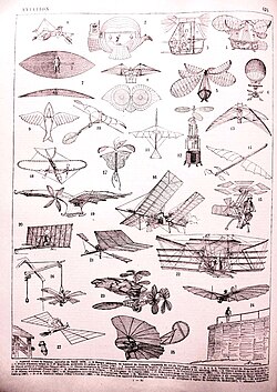 An illustration showcasing various 19th-century aviation prototypes and designs.