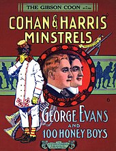 Profile illustrations of Cohan's and Harris's faces, with smaller illustration of George "Honey Boy" Evans