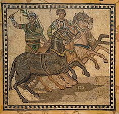 Ancient Roman mosaic of the winner of a chariot race, wearing the colors of the red team.