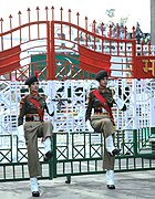 Female Indian Border Security Force personnel taking part in the ceremonial retreat at the India–Pakistan border crossing (Wagah–Attari), 2010.