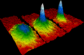 Image 30The first Bose–Einstein condensate observed in a gas of ultracold rubidium atoms. The blue and white areas represent higher density. (from Condensed matter physics)