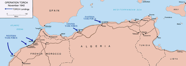 A map showing landings during Operation Torch.