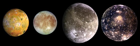 The Galilean satellites in false color. From left to right, in order of increasing distance from Jupiter: Io, Europa, Ganymede, Callisto.