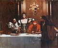 Un bicchiere di vino con Cesare Borgia, dipinto di John Collier. Cesare è ritratto al fianco del padre Rodrigo Borgia, alias papa Alessandro VI: il dipinto suggerisce l'eliminazione tramite vino avvelenato degli avversari dei Borgia.