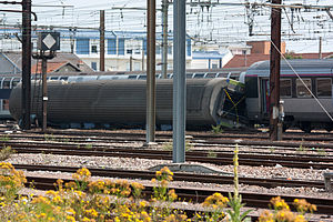The derailed 4th carriage of the train that crashed at the Brétigny station