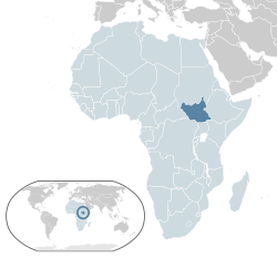 موقعیت  سودان جنوبی  (آبی تیره) – در آفریقا  (آبی روشن و dark grey) – در اتحادیه آفریقا  (آبی روشن)