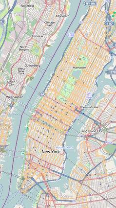 Mapa konturowa Manhattanu, na dole po lewej znajduje się punkt z opisem „Moody’s”