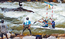 Whitewater slalom contestants on the Ocoee River during the 1996 Olympics