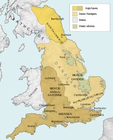 Carte de l'Angleterre montrant les royaumes anglo-saxons au sud et à l'est et le domaine des Vikings au nord et à l'ouest