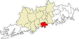 Location (in red) within the Uusimaa region and the Greater Helsinki sub-region (in yellow)