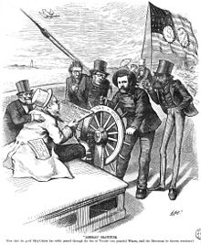 A Thomas Nast cartoon depicting Grant steering a ship and being challenged by opponents during the presidential election of 1872.