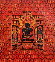 'The Dhyani Buddha Akshobhya', Tibetan thangka, late 13th century, Honolulu Museum of Art. The background consists of multiple images of the Five Dhyani Buddhas.
