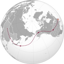 A map of the world, showing a snaking line from the middle of China, across the Pacific Ocean, through Alaska and Canada, and into the northwestern United States