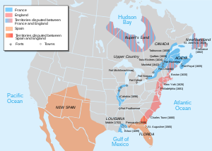 Карта европейских территорий в Северной Америке к началу Войны королевы Анны.