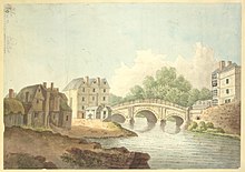 Watercolour painting of a white-coloured masonry bridge