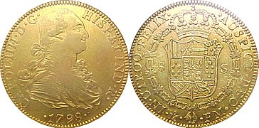 Doblón de oro acuñado por la Casa de Moneda de México en 1798. El doblón fue una moneda del Imperio español.
