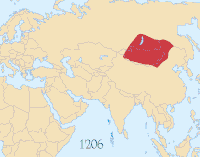 モンゴル帝国の版図の変遷 テムジンがチンギス・カンを名乗った1206年から1294年のモンゴル帝国（赤）の領域に続き、4つの領域国家のゆるやかな連邦体制に移行した帝国の版図を示した（1294年時点）。ジョチ・ウルス（黄）、チャガタイ・ウルス（濃緑）、イルハン朝（緑）、大元ウルス（紫）である。