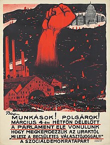 A red fist rises from a large crowd outside a factory, and Hungarian text directs workers and citizens to join a mass strike in Budapest, 1912.