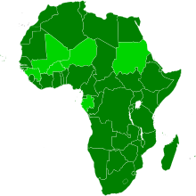 یک نقشه‌نگاری از جهان، که اتحادیه آفریقا و کشورهای عضو در آن برجسته هستند (سبز).