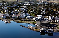 An aerial view of downtown Akureyri