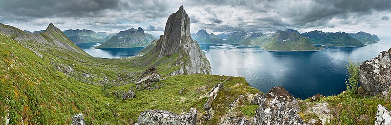 A panoramic view from a ridge located between Segla and Hesten mountain summits in the island of Senja, Troms, Norway in 2014