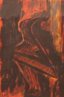 A painting, dominated by angry or fiery strokes of red and orange, of a stylised depiction of (from bottom) feet and legs, a woman's dress, a bust, and a head partly obscured by wavy tapering lines—arms—reaching upward. The figure is alive with motion; a mostly brown background behind.