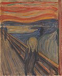 The Scream; by Edvard Munch; 1893; tempera and crayon on cardboard; 91 x 73.5 cm; National Gallery (Oslo, Norway)[221]