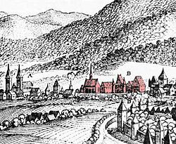 St. Maximin's Abbey (centre) with St. Paulinus' church (left) and city wall of Trier. Engraving by Merian, c. 1646
