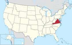Virginia is located on the Atlantic coast along the line that divides the northern and southern halves of the United States. It runs mostly east to west. It includes a small peninsula across a bay which is discontinuous with the rest of the state.
