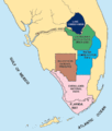 A color map of the lower third of the Florida peninsula showing Lake Okeechobee, compartments established by the Central & Southern Florida Flood Control Project, and Everglades National Park