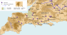 Carte situant les principales villes et monastères du Wessex au haut Moyen Âge, avec notamment Wimborne et Christchurch au sud