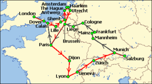 Simplified chart of a sector of western Europe and southern England. A green arrowed line shows the party's outward journey from Salzburg to London via Mannheim, Cologne, Liege, Brussels and Paris. A red line indicates the return via the Netherlands, Paris, Lyons, Geneva and Zürich.