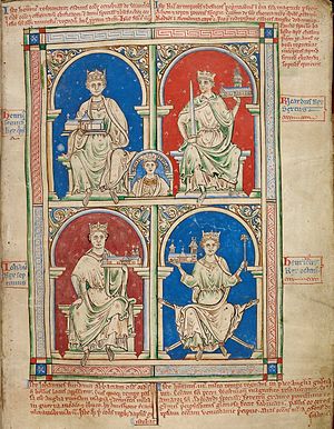 All figures are crowned, seated, and holding a miniature depiction of a church. Henry the Young King, in the centre of the page, is likewise crowned.