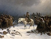 Painting of Napolean and his troops in winter retreating from Moscow