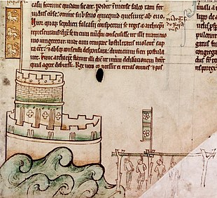 A manuscript drawing of a castle with four people being hanged in the bottom right.