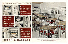 A Horn & Hardart postcard explaining how food was served in an automat, c. 1930s.