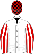 White, red and white striped sleeves, black and red check cap