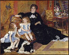 A painting of a woman, two children, and a dog. The woman wears a black dress with white trim