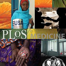 Montage with central stripe reading "PLoS MEDICINE". Other images are orange segments, a woman in a blue shawl carrying a food package labeled "USA", a pregnant woman holding hands with a child, a hand holding several different pills over a lap covered by a colorful dress, patients in a hospital, and pills on a leaf.