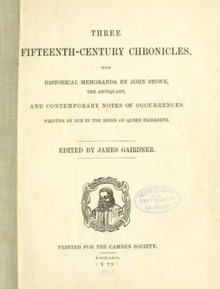 Titlepage of Gairdner's Three Fifteenth-Century Chronicles, published in 1880