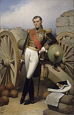 Painting shows a hatless man leaning on a large cannon and holding a marshal's baton in his right hand. He wears a dark blue military coat covered with gold lace, white breeches and black boots.