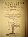 "Peripatetical Discussion" (Latin: "Discussionum peripateticarum"), first volume - title page; published in Venice in 1571