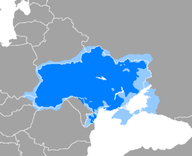Регионы с использованием украинского языками большинством (тёмн.) и меньшинством (светл.) населения