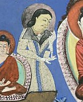 Devotee in double-lapel caftan, next to the Buddha. Cave G, Bamyan (detail)